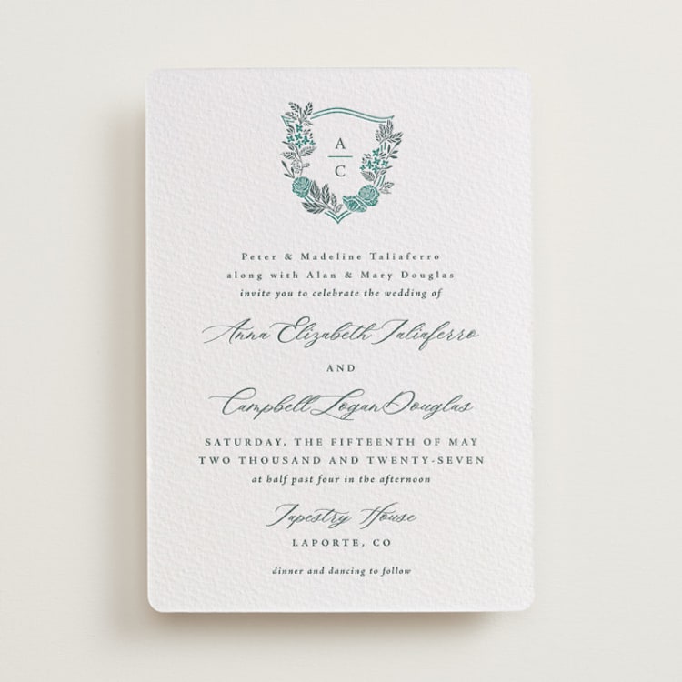 "Flourishing Crest" - Letterpress Wedding Invitations in Slate by Olivia Raufman - Front