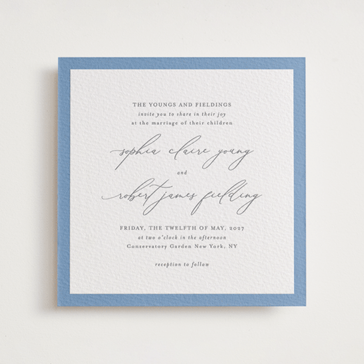 "Fondness" - Letterpress Wedding Invitations in Smoke | Pacific Blue by Design Lotus - Front