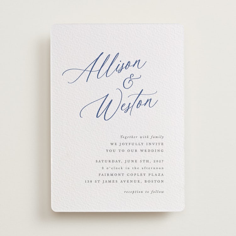 "Statement Names" - Letterpress Wedding Invitations in Lapis | Smoke by Hooray Creative - Front