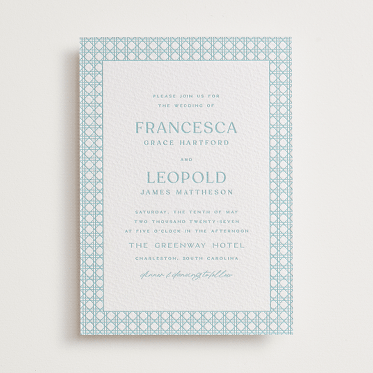 "delicate rattan" - Letterpress Wedding Invitations in Robin's Egg by Ellen Schlegelmilch - Front