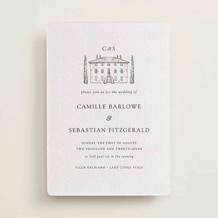 "Italian Countryside" - Letterpress Wedding Invitations in Graphite by Melinda Denison - Front