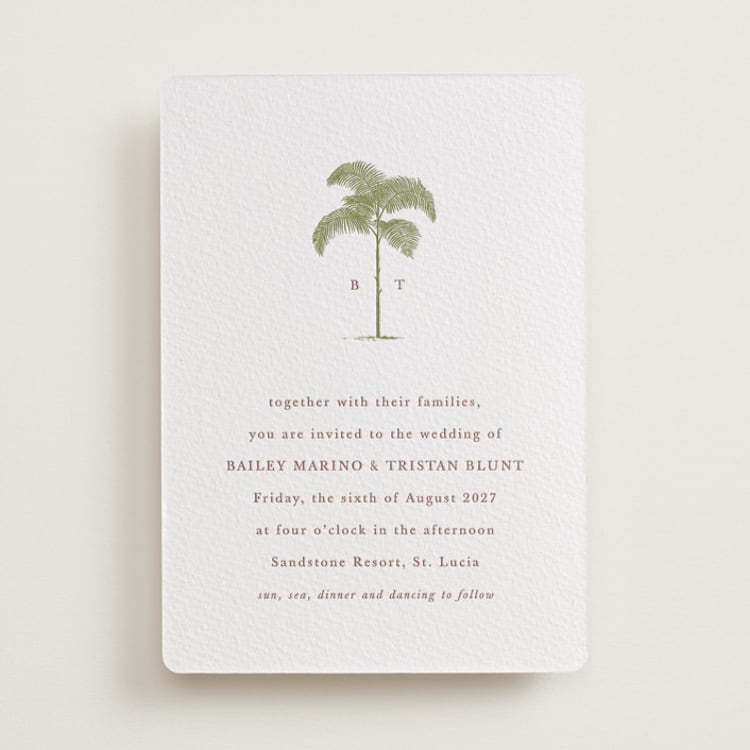 "Palm" - Letterpress Wedding Invitations in Olive | Cinnamon by Melinda Denison - Front