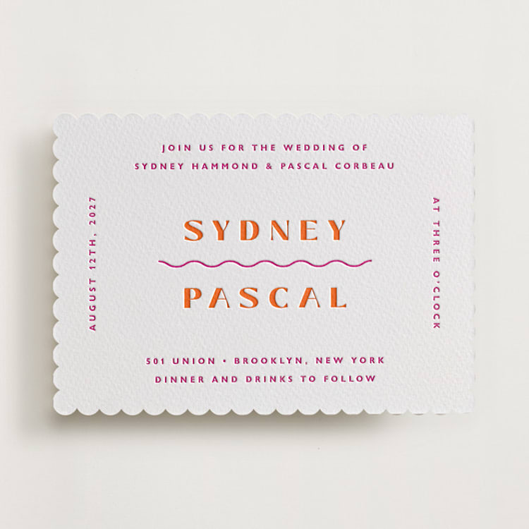 "Tanti Baci" - Letterpress Wedding Invitations in Flamingo by Olivia Raufman - Front
