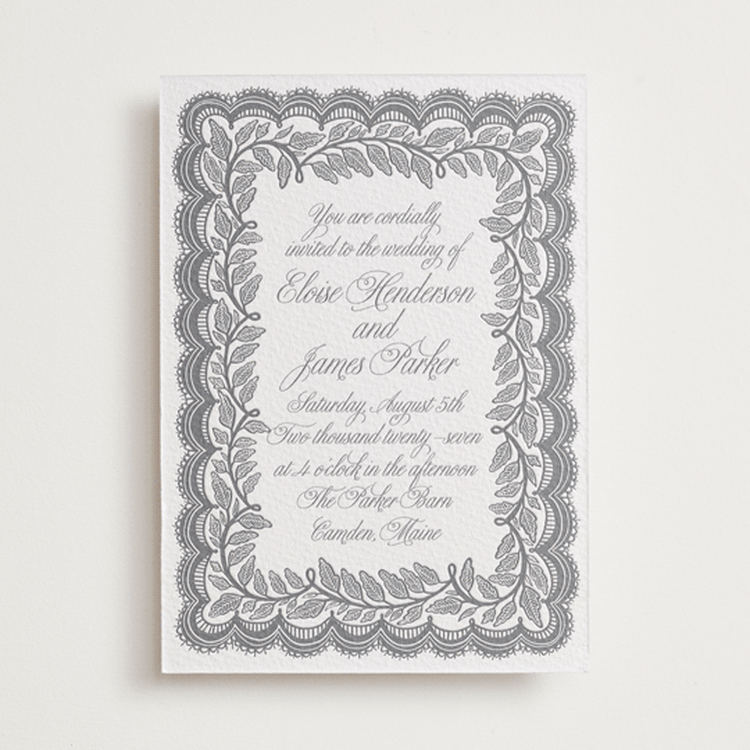 "Bridal Veil" - Letterpress Wedding Invitations in Smoke by Katharine Watson - Front