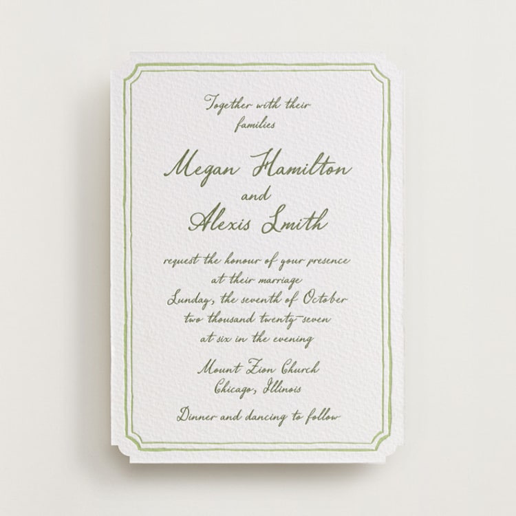 "Handwritten" - Letterpress Wedding Invitations in Artichoke by Cass Loh - Front