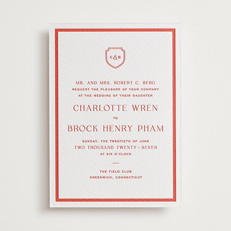 "Racquet" - Letterpress Wedding Invitations in Verona Sunset by Megan Davis - Front