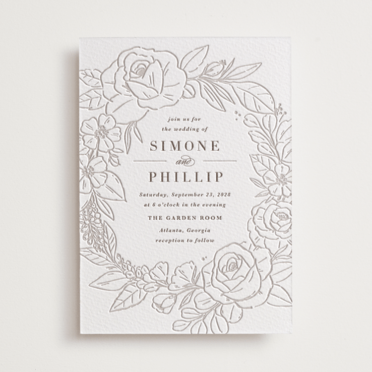 "Sketched Blooms" - Letterpress Wedding Invitations in Cacao Bean by Kristen Smith - Front