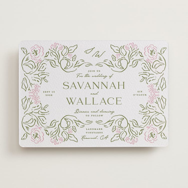 "Sketched Foliage" - Letterpress Wedding Invitations in Peony | Olive by Susan Zinader - Front