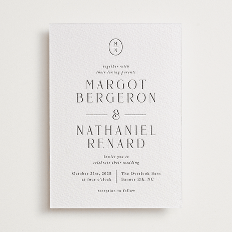 "Minimalist Monogram" - Letterpress Wedding Invitations in Soft Black by Olivia Raufman - Front