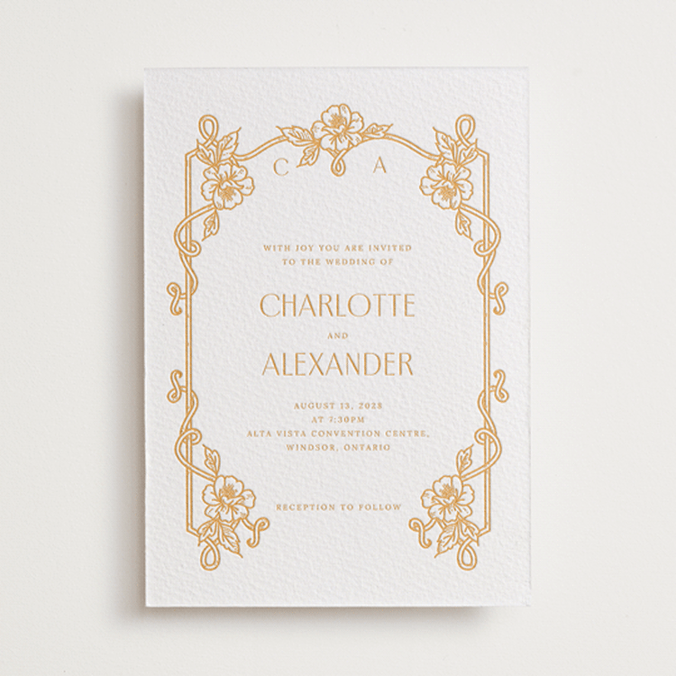 "Nouveau Peony" - Letterpress Wedding Invitations in Saffron by Selima Akhter - Front