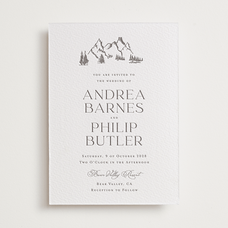 "Mountain Serenity" - Letterpress Wedding Invitations in Graphite by Lucrecia Caporale - Front