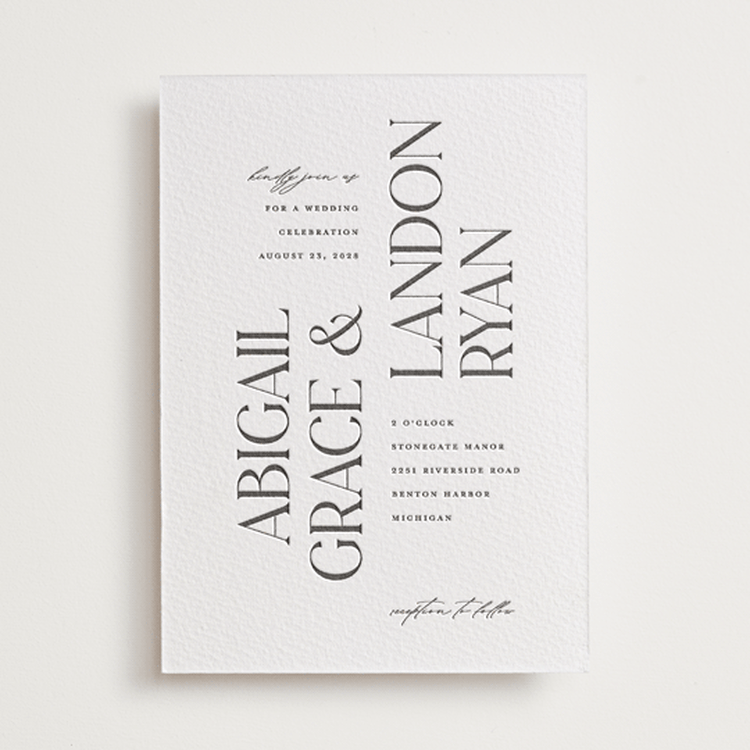 "Tallest" - Letterpress Wedding Invitations in Soft Black by Pixel and Hank - Front