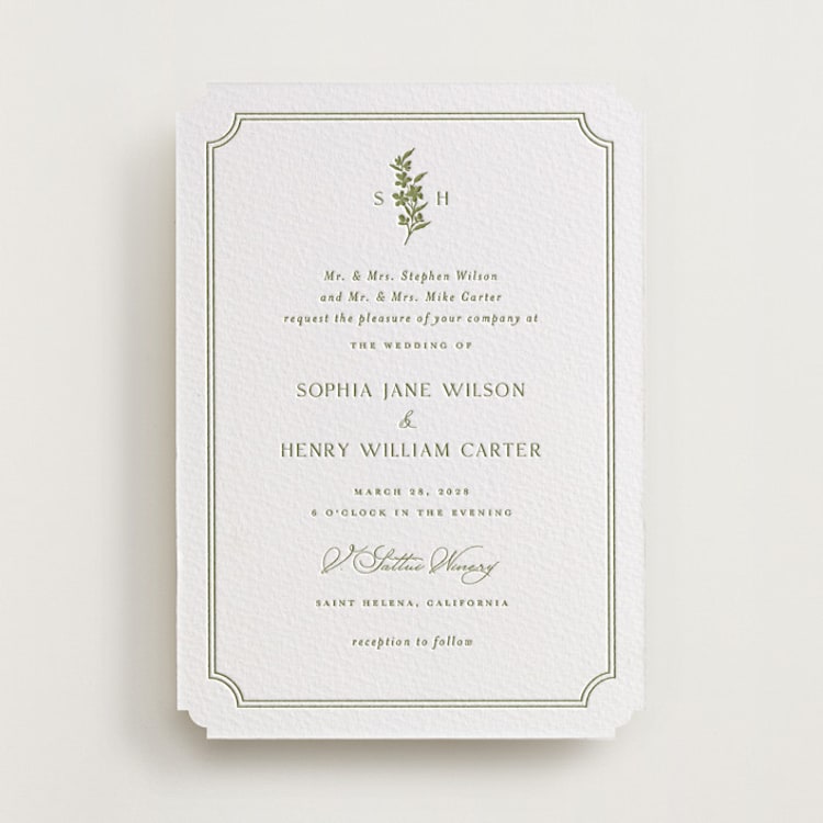 "Simply Elegant" - Letterpress Wedding Invitations in Olive by Yaling Hou Suzuki - Front