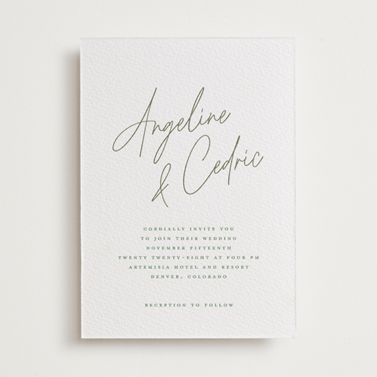"angeline" - Letterpress Wedding Invitations in Artichoke by chocomocacino - Front