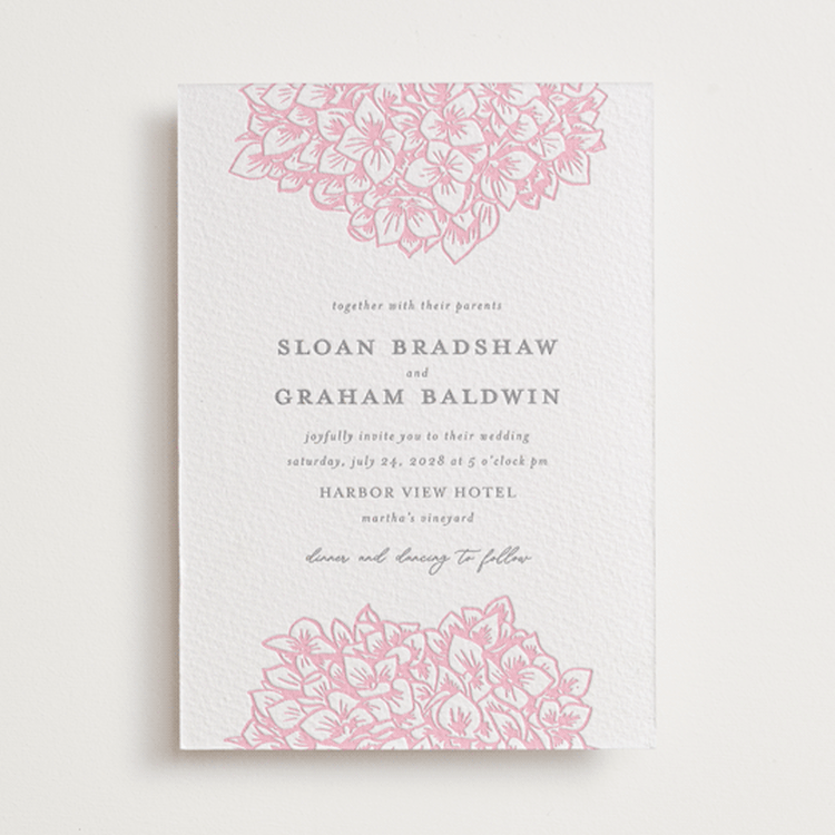 "Hydrangea Blooms" - Letterpress Wedding Invitations in Peony | Granite by Paula Pecevich - Front