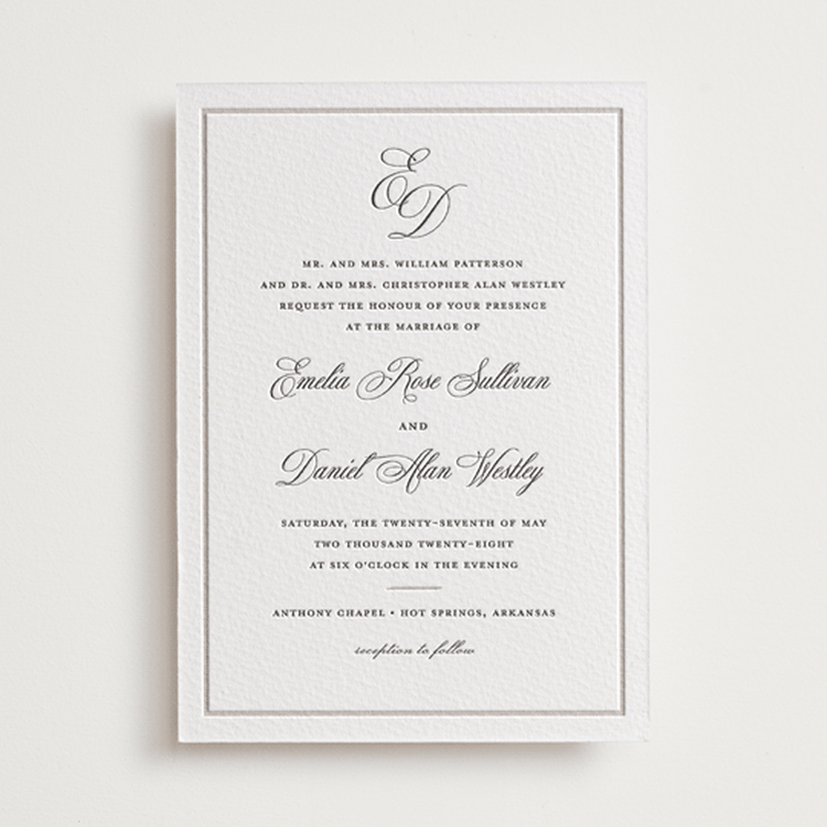 "Royal" - Letterpress Wedding Invitations in Dove Grey | Soft Black by Melinda Denison - Front