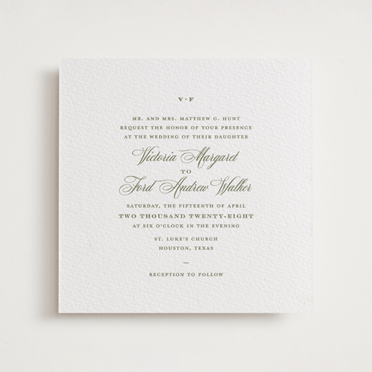 "Putnam" - Letterpress Wedding Invitations in Artichoke by Megan Davis - Front