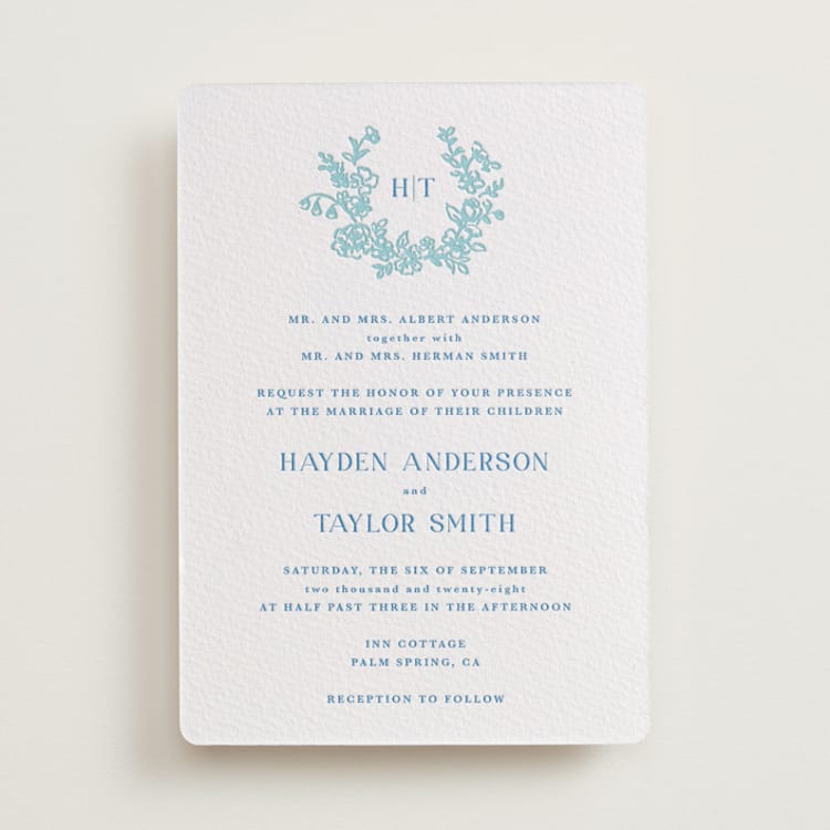"Flowers monogram" - Letterpress Wedding Invitations in Robin's Egg | Marine Blue by Cass Loh - Front