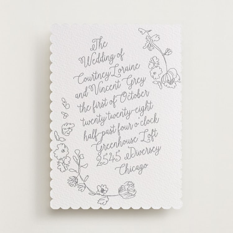 "Note" - Letterpress Wedding Invitations in Smoke by Baumbirdy - Front