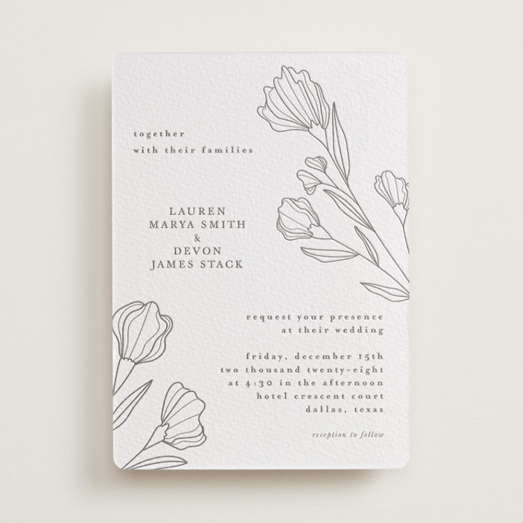 "Bouvardia" - Letterpress Wedding Invitations in Graphite by Deynaaz Daraei - Front
