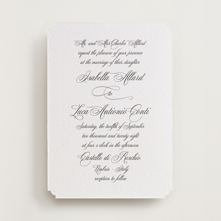 "palazzo" - Letterpress Wedding Invitations in Soft Black by Benita Crandall - Front