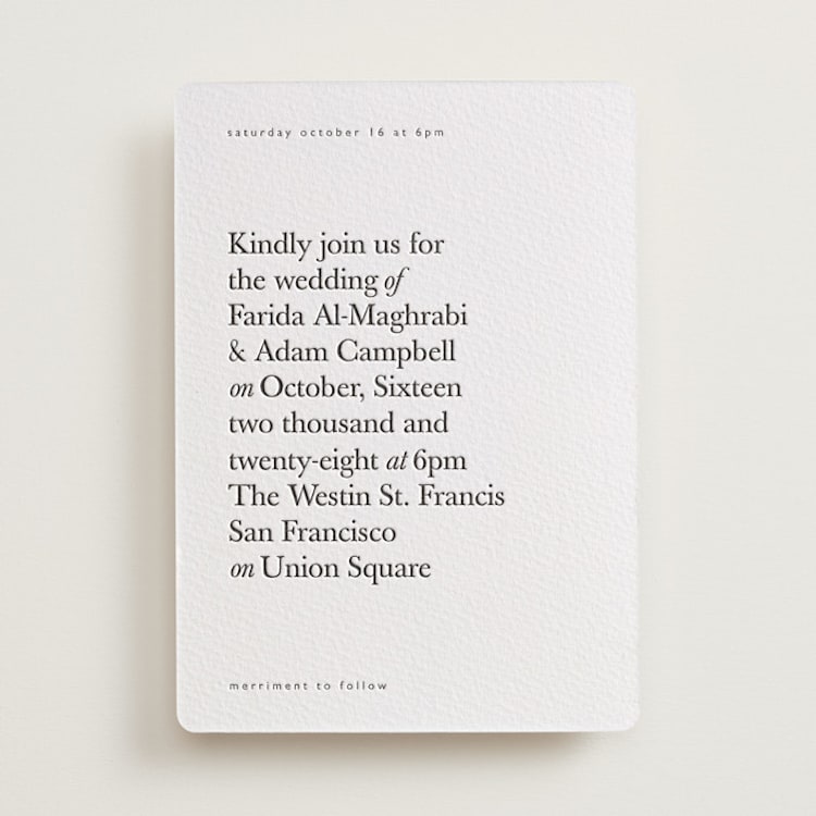 "Westin" - Letterpress Wedding Invitations in Soft Black by Hudson meet Rose - Front