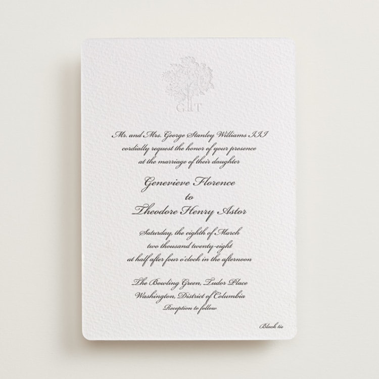 "Astor Elegance" - Letterpress Wedding Invitations in Soft Black | Blind Deboss by Clover and Lamb - Front