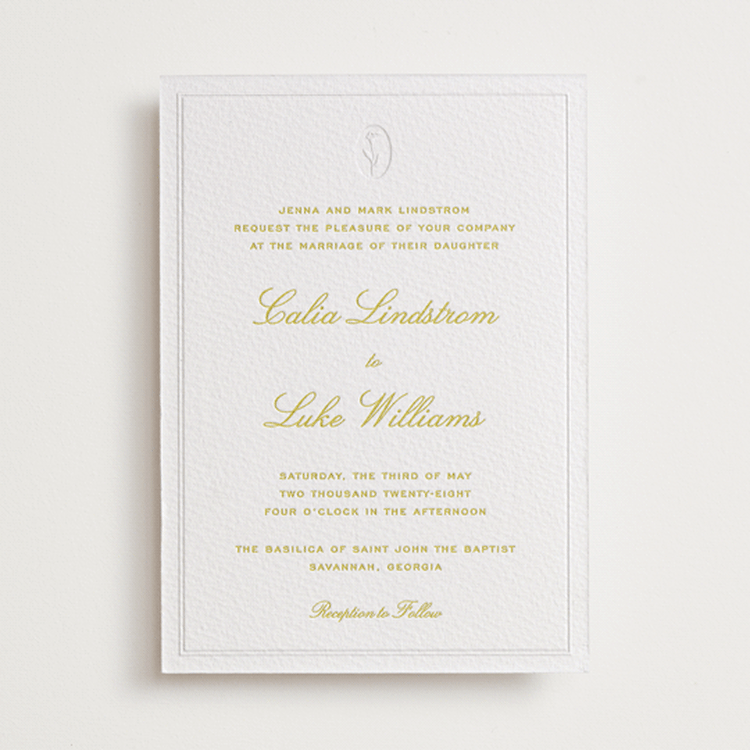 "Calia" - Letterpress Wedding Invitations in Chartreuse by Ani Somi - Front