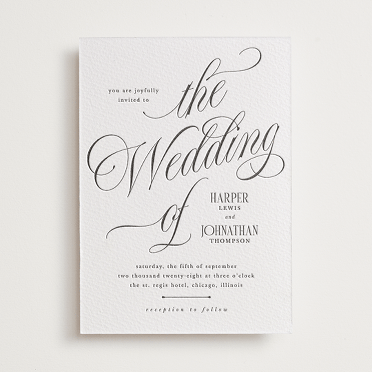 "Mirin" - Letterpress Wedding Invitations in Soft Black by Kate Ahn - Front