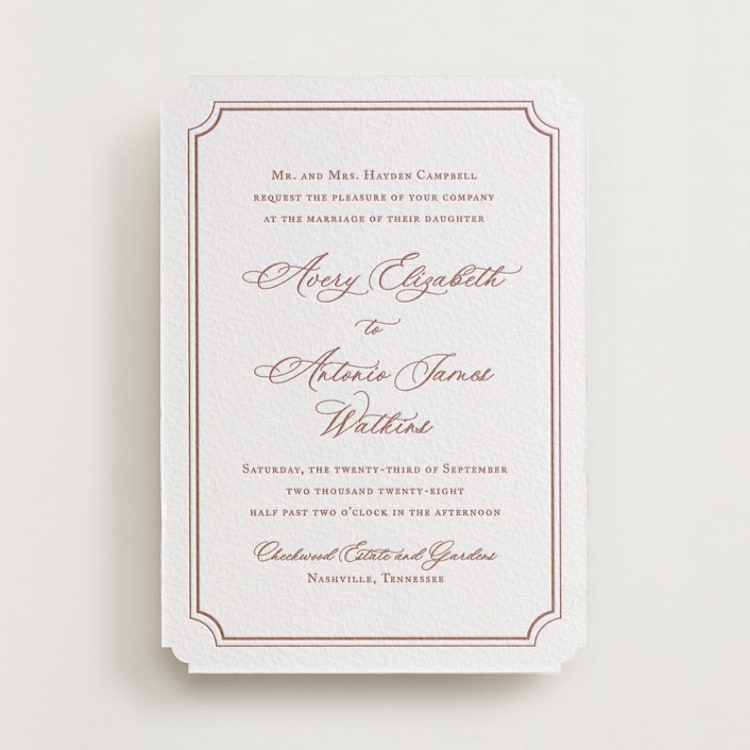 "Avery" - Letterpress Wedding Invitations in Cinnamon by Jennifer Postorino - Front