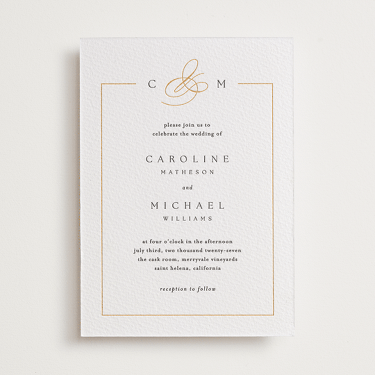 "Framed Monogram" - Letterpress Wedding Invitations in Saffron by Kelly Schmidt - Front