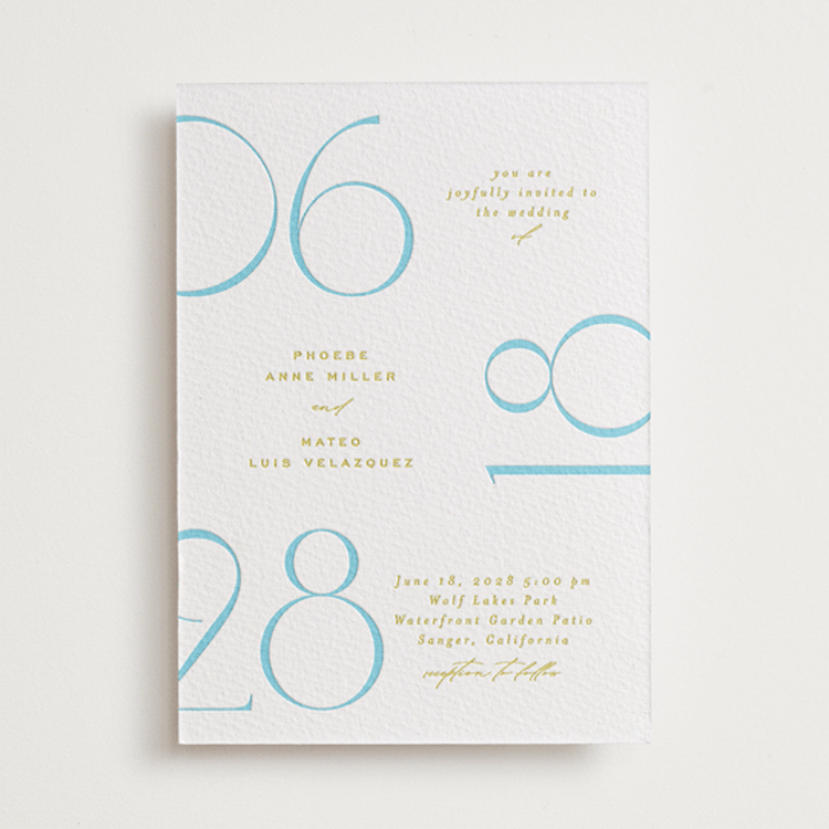 "Numerical" - Letterpress Wedding Invitations in Robin's Egg by Owl and Toad - Front