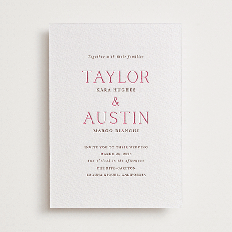"In Love" - Letterpress Wedding Invitations in Azalea | Burnt Sienna by Vanessa Doyle - Front