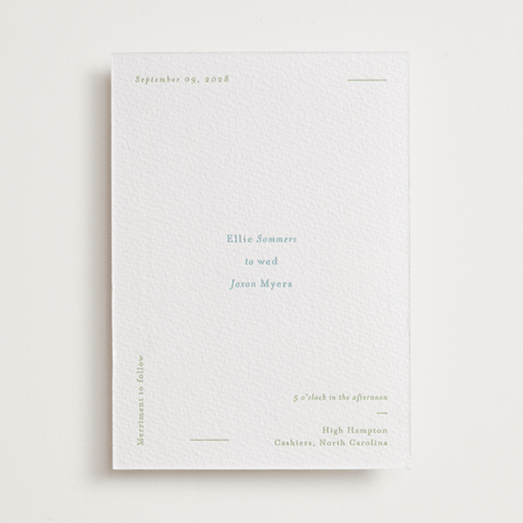 "Tuscany" - Letterpress Wedding Invitations in Robin's Egg | Matcha by Blustery August - Front