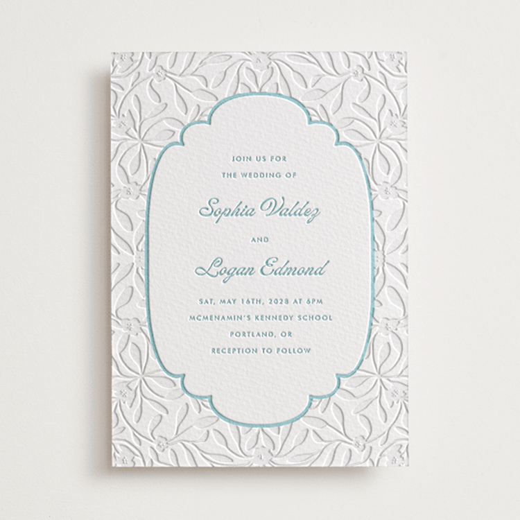 "Victorian Chic" - Letterpress Wedding Invitations in Robin's Egg by Morgan Kendall - Front