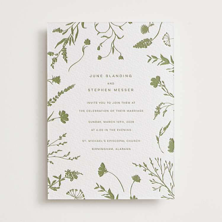 "Untied" - Letterpress Wedding Invitations in Olive by Erin Hodges - Front
