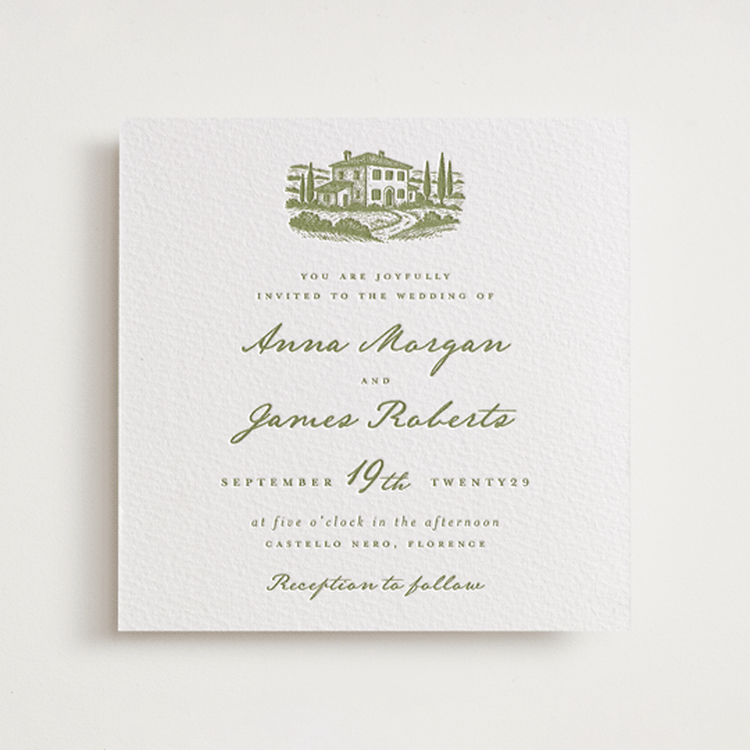 "Villa" - Letterpress Wedding Invitations in Olive by Maja Cunningham - Front