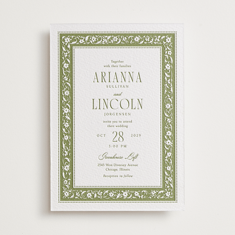 "Darcy" - Letterpress Wedding Invitations in Olive | Evergreen by Robert and Stella - Front