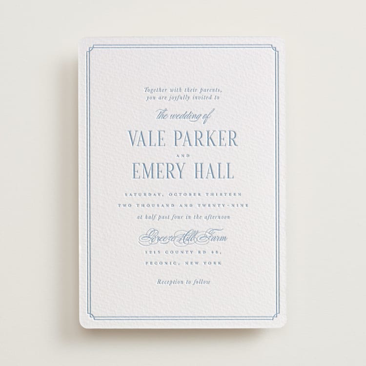 "Hamptons" - Letterpress Wedding Invitations in Robin's Egg by Hudson meet Rose - Front
