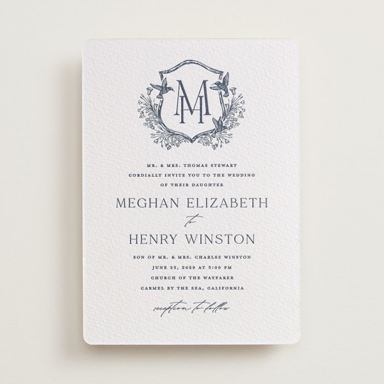 "Hummingbird Botanicals" - Letterpress Wedding Invitations in Night Sky by Erin Deegan - Front