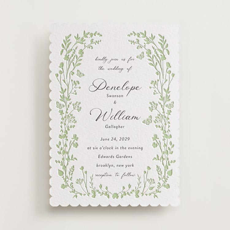 "flower garden" - Letterpress Wedding Invitations in Matcha | Soft Black by Susan Moyal - Front