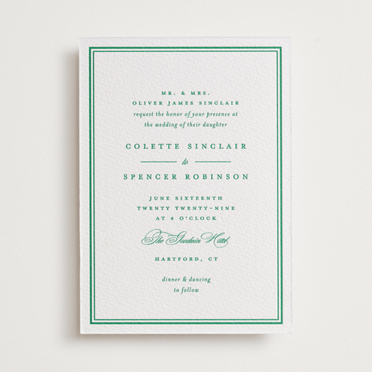 "Hartford" - Letterpress Wedding Invitations in Emerald by Olivia Raufman - Front