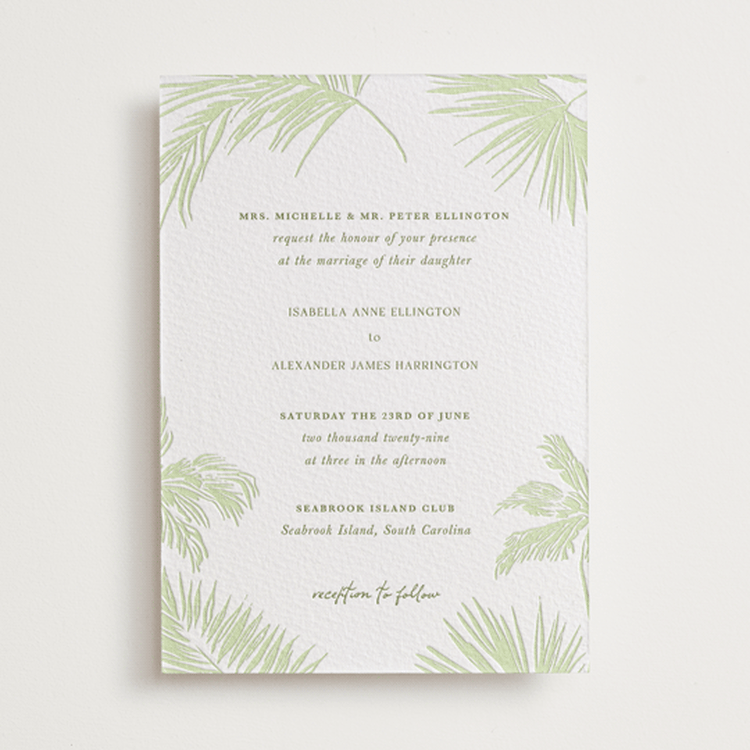 "Shoreline Elegance" - Letterpress Wedding Invitations in Honeydew by Lucrecia Caporale - Front