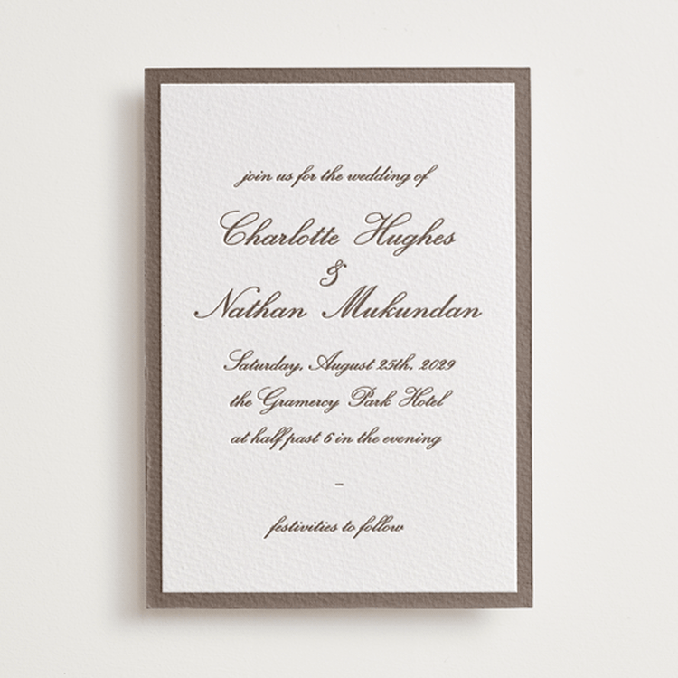 "grammercy" - Letterpress Wedding Invitations in Cacao Bean by Sara Hicks Malone - Front