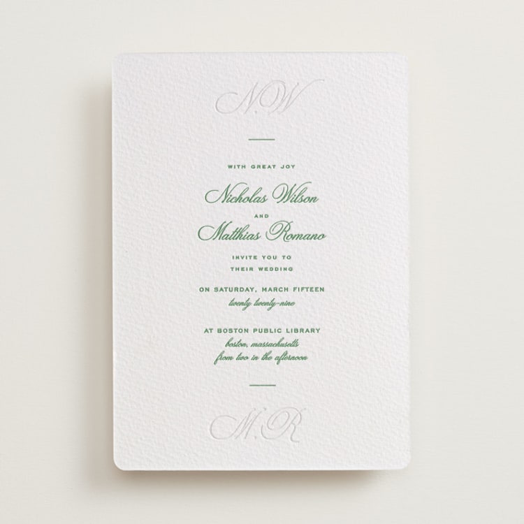 "Keepsake" - Letterpress Wedding Invitations in Fern by Blustery August - Front
