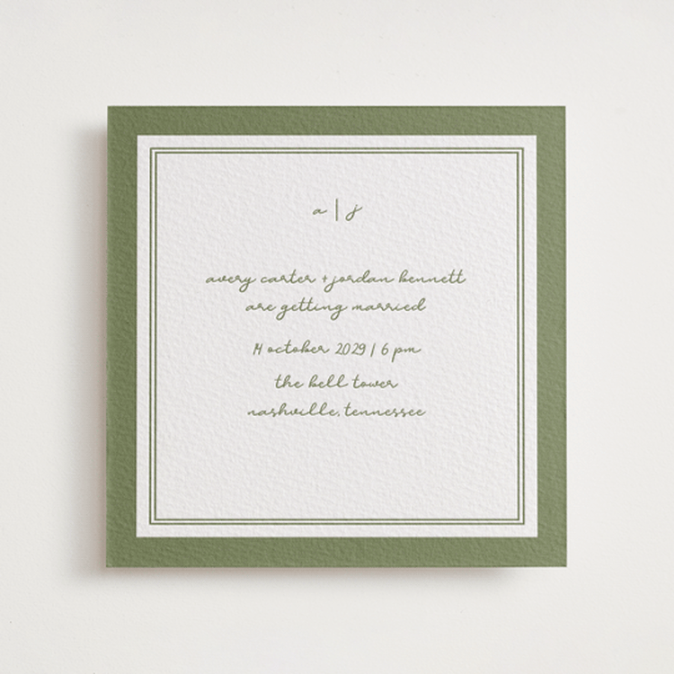 "The Verdure Suite" - Letterpress Wedding Invitations in Artichoke by Brittney Jensen - Front