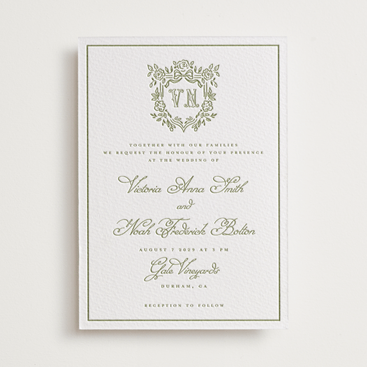 "Crestino" - Letterpress Wedding Invitations in Olive by Petra Kern - Front