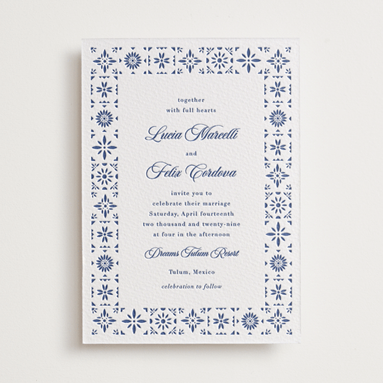 "Talavera Tiles" - Letterpress Wedding Invitations in Lapis by Olivia Raufman - Front