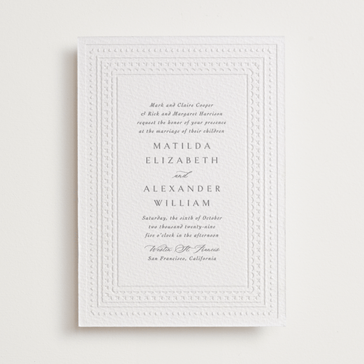 "Heirloom Needlework" - Letterpress Wedding Invitations in Smoke | Blind Deboss by Meggy Masters - Front