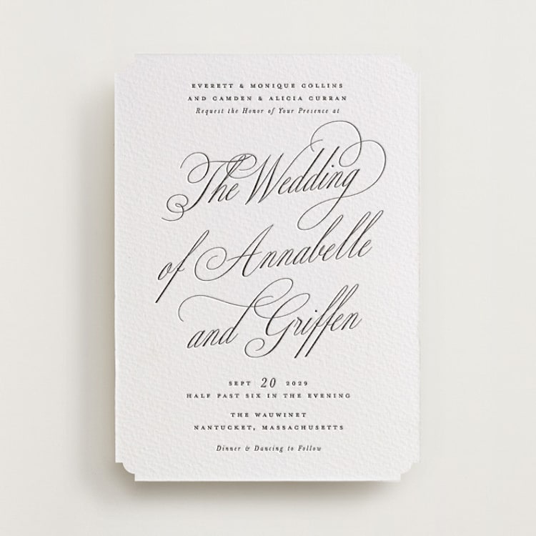 "Romantic Script" - Letterpress Wedding Invitations in Soft Black by Susan Zinader - Front